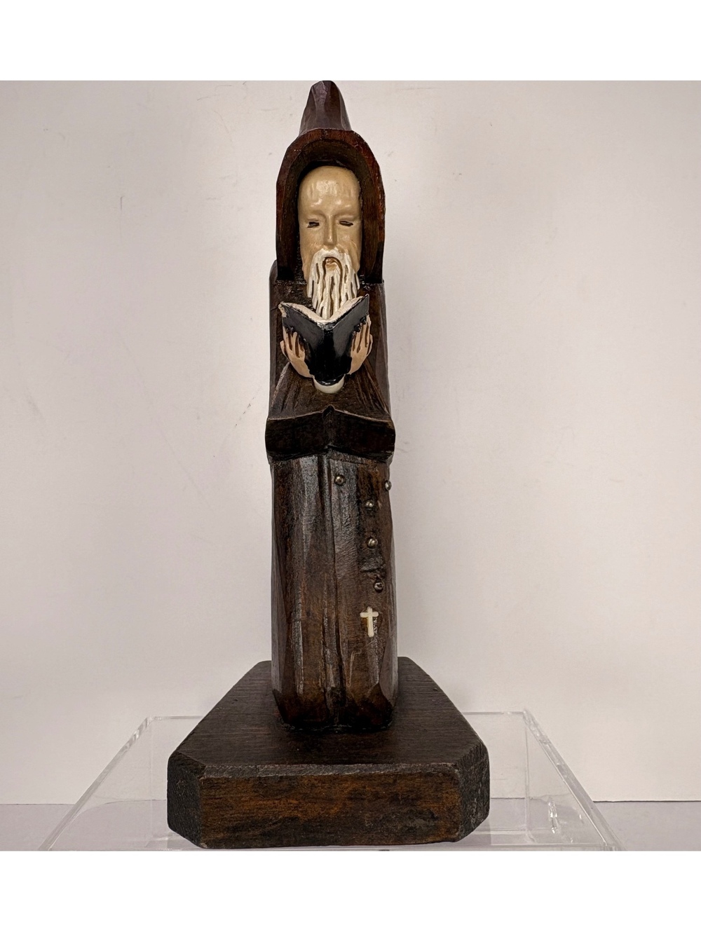 Vintage Hand-Carved Wooden Monk Friar Reading Book Religious Folk Art 10 Inch